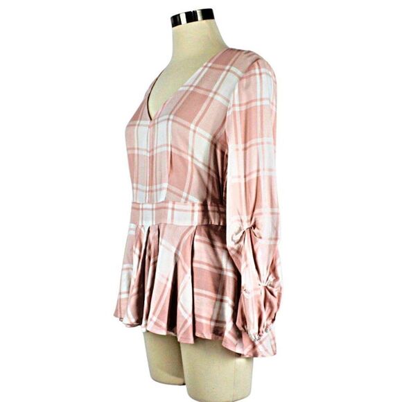 Top Pink Ruffle Buffalo Check Hi-Low Hem Peplum Waist Back Zip XS SOHO NY & CO - Picture 5 of 9